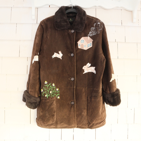 Handmade Jackets & Blazers - Hand Painted Vintage Suede Jacket With Faux Fur Inside Bunnies Rabbits M